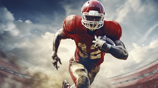 dynamic Portrait American football sportsman player, running sportsman with ball in sports uniform and helmet