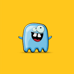 Funny cute smiling blue ghost monster isolated on orange background. Ghost cartoon character and cute emoji. Halloween spirit element.