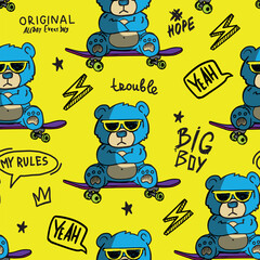hand drawn pattern with toys bears and skateboard . Cool background for boys. For clothes, prints, textiles

