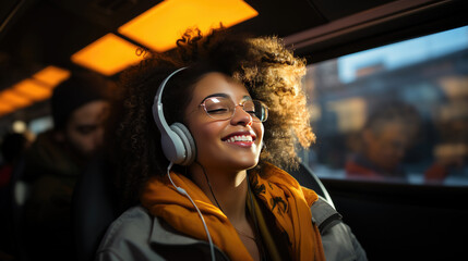 Obraz premium a smiling young woman on public transport happy listening to music with headphones