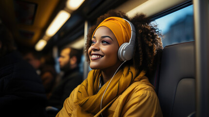 a smiling young woman on public transport happy listening to music with headphones
