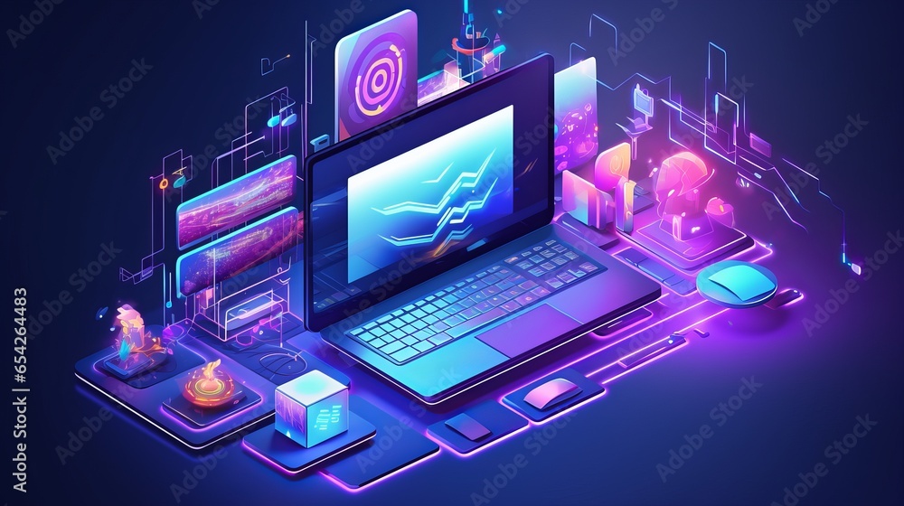 Poster isometric computer technology illustration with pc, laptop, and mobile devices on desk - programming