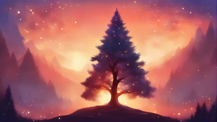 Fototapeta premium Christmas tree at night in the mountains