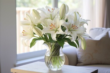 Fresh lilies in a modern classic interior, displayed in a clear glass vase near a window. Generative AI