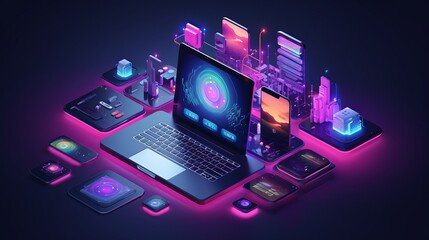 isometric computer technology illustration with pc, laptop, and mobile devices on desk - programming software and app development concept - obrazy, fototapety, plakaty