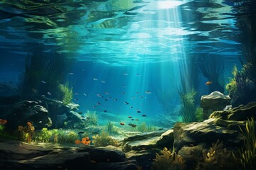 Lake underwater scene with natural fish habitat. Generative AI