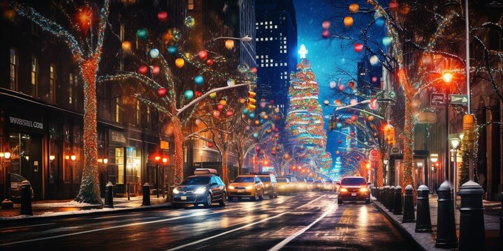 A bustling New York city street at night representing the Christmas, Genarative AI.
