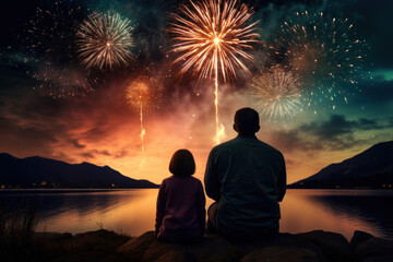 A Family sitting on hill and watching the fireworks