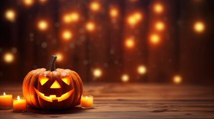 Greeting card with space for text and copy, wooden table with glowing holiday tikvah and blur background with lights.