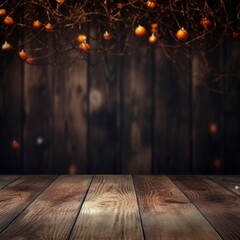 Close-up of an empty old empty wooden table on a spooky Halloween background with a dark background with space for text and copy.