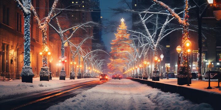 A buzzy New York city street at night representing the Christmas, Genarative AI.