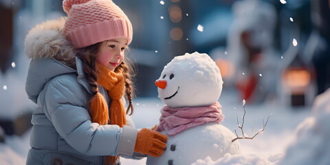 A child playing in the snow and making a snowman in the yard. Generative AI