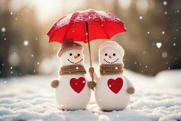 Snowmen with umbrella standing in snowy winter
