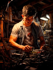 The work of a car mechanic on the electrical systems of a car. Generative AI