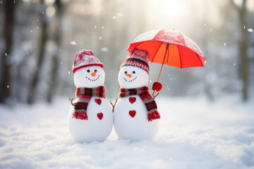 Snowmen with umbrella standing in snowy winter