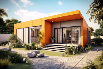 Modern cube orange house in summer with blue sky.