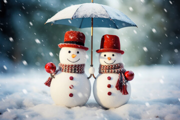 Snowmen with umbrella standing in snowy winter