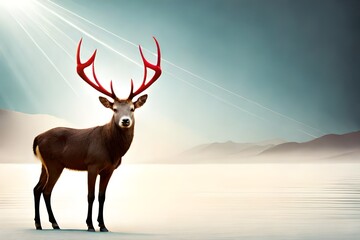An endearing reindeer with a Santa hat, set on a striking red studio background, offering an ideal composition for a joyful Christmas banner that exudes holiday charm.