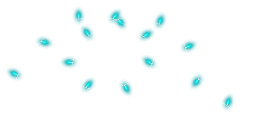 Dark turquoise christmas glowing garland. Christmas lights. Colorful Christmas garland. The light bulbs on the wires are insulated. PNG.