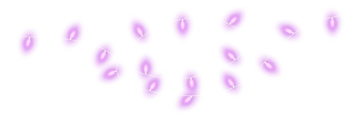 Purple christmas glowing garland. Christmas lights. Colorful Christmas garland. The light bulbs on the wires are insulated. PNG.