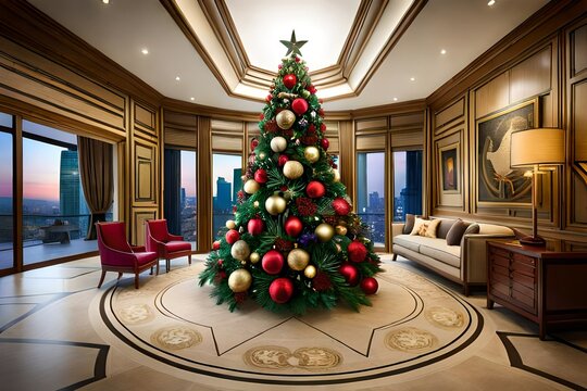 An enchanting image of a Christmas tree embellished with a mix of traditional and modern decorations, reflecting the joy and beauty of the holiday season, 