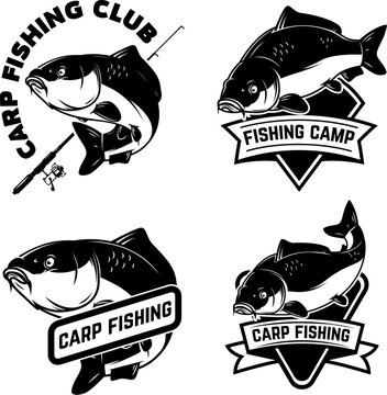 Set of carp fishing emblems in monochrome style. Carp fish logo, label, sign, poster, badge.