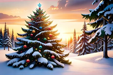 A beautifully decorated Christmas tree with colorful ornaments, twinkling lights, and a star topper standing tall on a solid white background. - obrazy, fototapety, plakaty