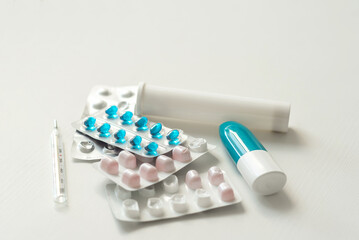 Different medicines: tablets, pills in blister pack, medications drugs, macro, copy space