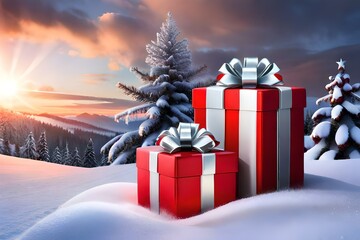 A picturesque scene of red and white Christmas gifts delicately placed in fresh snow, surrounded by...