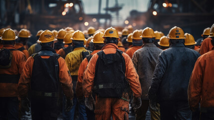 Back view of mine workers wearing helmets