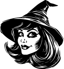 Vintage witch head, Woman in a witch hat illustration	