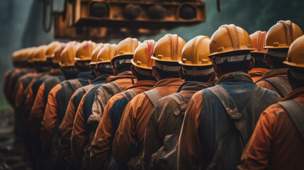 Obraz premium Back view of mine workers wearing helmets