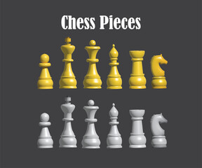Chess 3d pieces silhouette vector icon set isolated on Black background. Gold & Silver chess figures king, queen, bishop, knight, rook, pawn game design elements. Flat design simple clip art