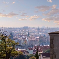 Tele photo of European cityscape with sunrise sky