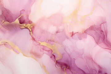 白背景にアルコールインクアート風のピンクの流動体に金色の装飾がある抽象バナー
