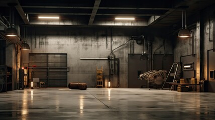 an empty concrete garage. The well-lit space features clean walls, a polished concrete floor, and modern hanging lamps, creating a minimalist and functional design.