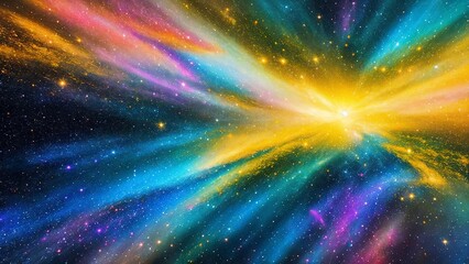 Yellow cosmic dust. Bright light of blue particles. Unprecedented expanses of space