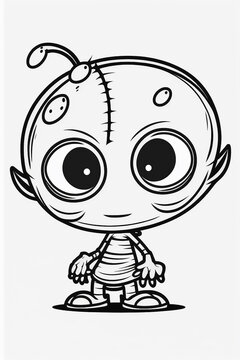 Black and white image of coloring page for kids cute an alien