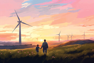 Happiness lifestyle turbine childhood together father summer happy nature family electricity - obrazy, fototapety, plakaty