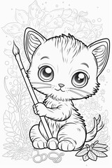 Black and white image of coloring page for kid's cute cat