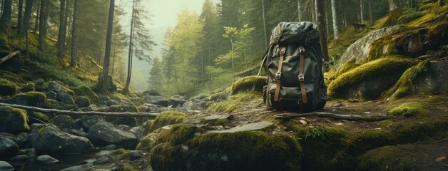 hiking and camping in a lush forest. In the foreground, there's a well-worn backpack, a water bottle, and a pair of sturdy leather ankle boots, all set against the backdrop of towering trees. - Powered by Adobe