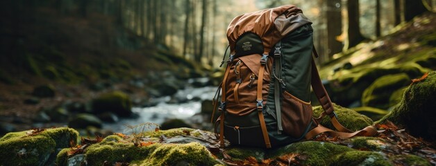 hiking and camping in a lush forest. In the foreground, there's a well-worn backpack, a water bottle, and a pair of sturdy leather ankle boots, all set against the backdrop of towering trees. - obrazy, fototapety, plakaty