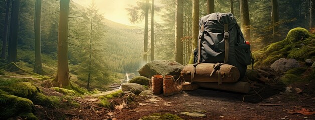 hiking and camping in a lush forest. In the foreground, there's a well-worn backpack, a water bottle, and a pair of sturdy leather ankle boots, all set against the backdrop of towering trees.