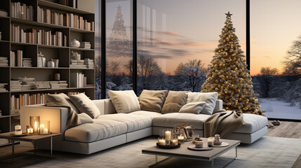 salon lujoso de un apartamento moderno con grandes ventanales, decorado con sofa claro, estanterias...