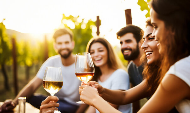Harvest Time Joy: Blurred Image of Friends Toasting Outdoors in Vineyard
