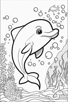 Black and white image of coloring page for kids cute Dolfin