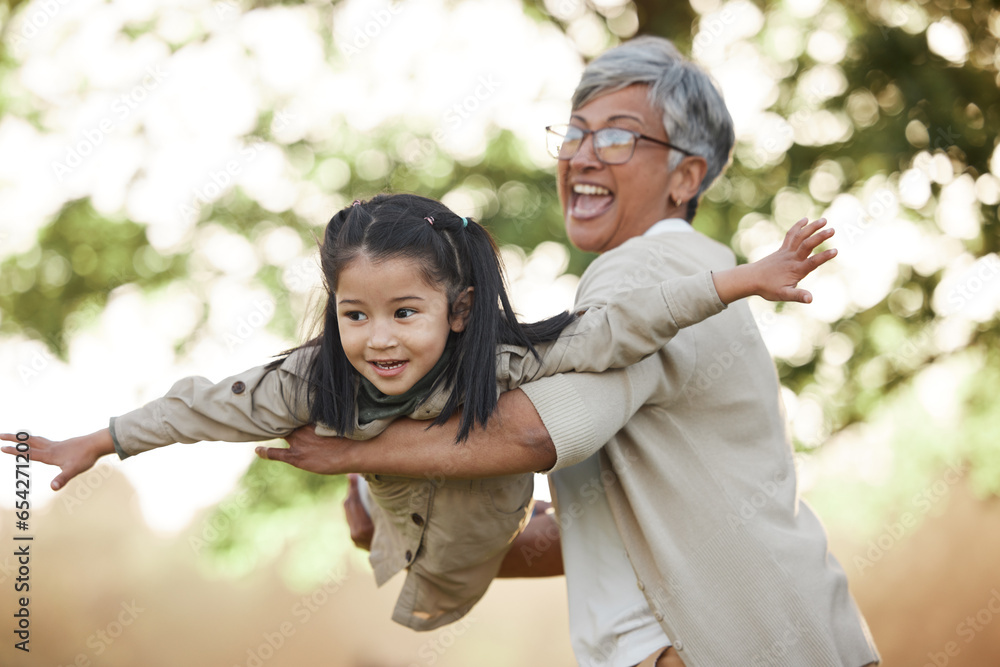 Sticker Family, girl child or grandmother with fly or airplane for fantasy play, fun game or together with bokeh in nature. People, kid or grandma outdoor with happiness for love, care and bonding or excited