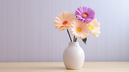 beautiful pink gerbera flower in a vase on the table, close-up, white modern interior, space for text on the right. - obrazy, fototapety, plakaty