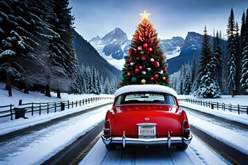 A picturesque image of a car in a room decked out for Christmas, featuring a beautifully decorated tree on top of the car, all captured in high-definition to bring the festive spirit to life. - obrazy, fototapety, plakaty