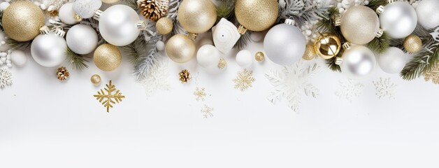 a Christmas or New Year banner set against a snowy white background. The banner is elegantly framed by matching white Christmas decorations, creating a serene winter wonderland ambiance.